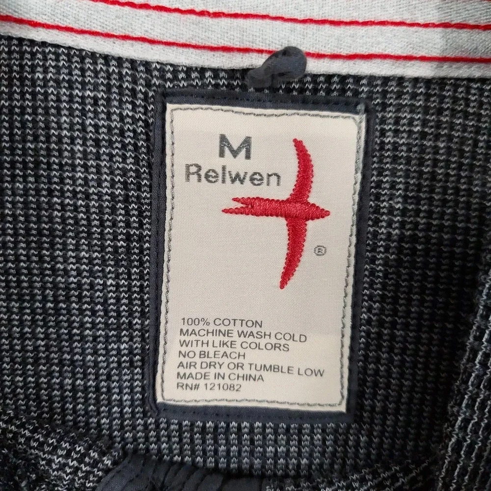 Relwen Sweater Mens Medium Gray Cotton Waffle Knit Henley Mock Neck Pullover